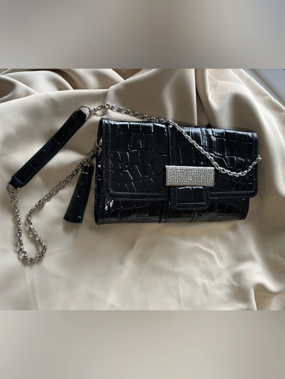 KELLY RUTHERFORD black patent RHINESTONE clutch SHOULDER BAG